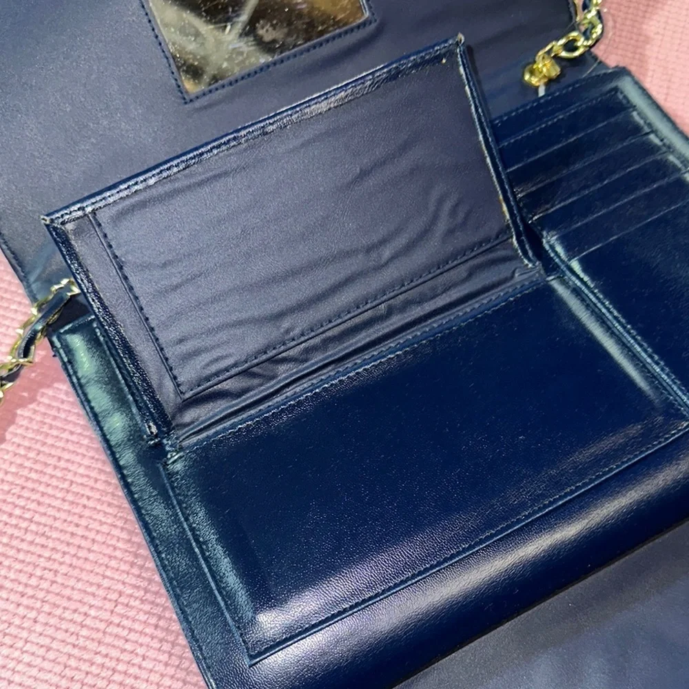 Vintage Elegant Blue Mirror Pocket Book Purse Chain Strap Check Book Women's Bag